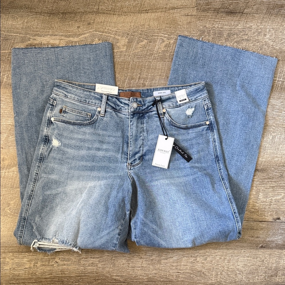 NWT Judy Blue Wide Leg Mid Rise Distressed Blue Jeans Size 16W